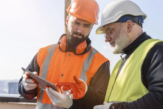 Two colleagues reviewing work on a tablet